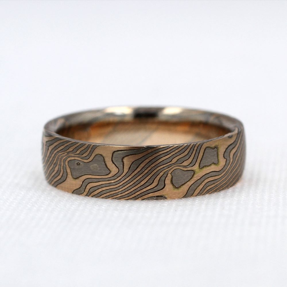 Oak Pattern Mokume Gane Ring with Rose Gold, White Gold and Silver
