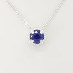 Load image into Gallery viewer, Blue Sapphire Beaded Halo Pendant, 0.95ct in 14K White Gold, 18 inch Chain