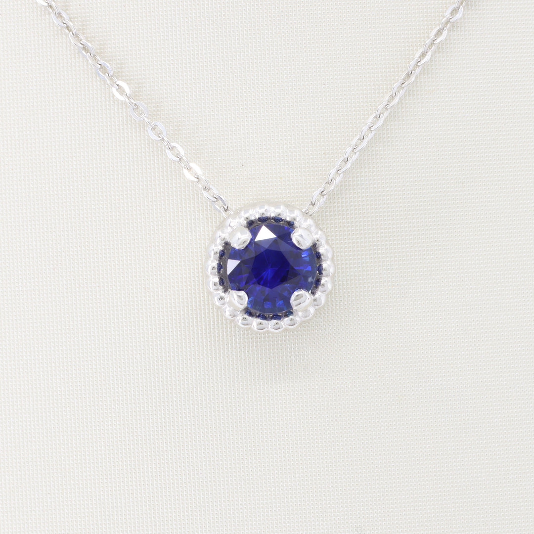 Blue Sapphire Beaded Halo Pendant, 0.95ct in 14K White Gold, 18 inch Chain