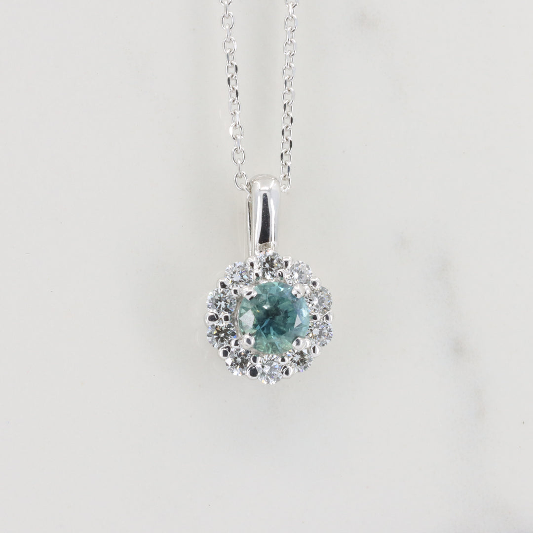Montana Sapphire and Diamond Halo Pendant, 0.39ct Sapphire and 0.22cttw Diamonds in 14K White Gold, 18 inch Chain