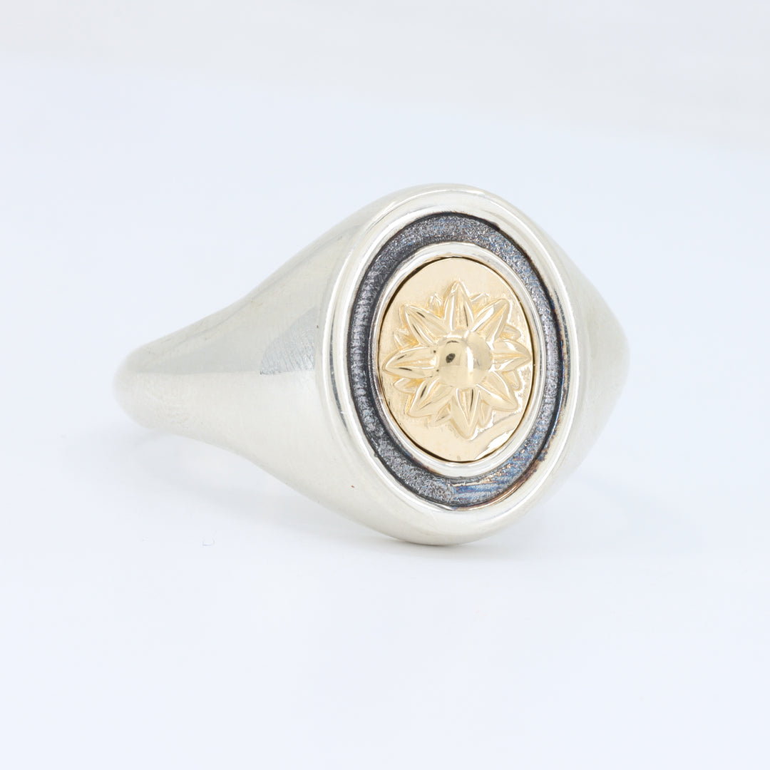 Large Signet Ring in Sterling Silver w/ 14KT Yellow Gold Flower Plate