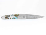 Load image into Gallery viewer, Damascus Steel Blade Liner Lock Pocket Clip Knife w/ DOUBLE SIDED Polychrome Turquoise and Mother of Pearl inlay -4" Closed - Kizer Cummings Jewelers