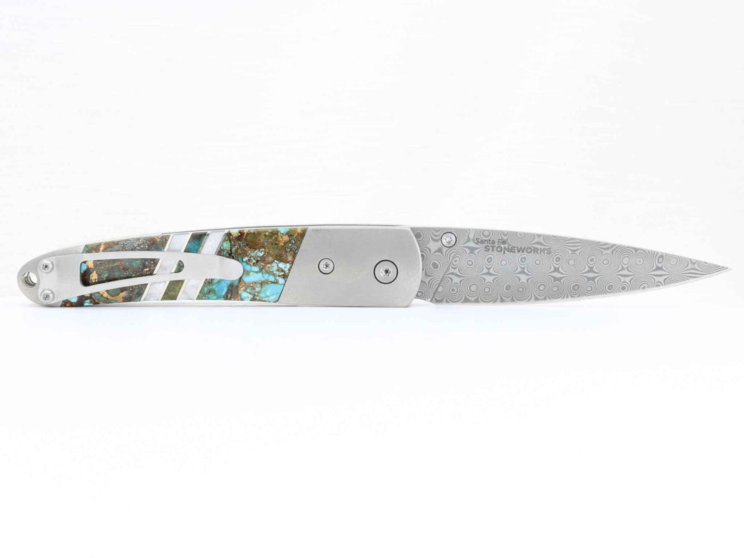 Damascus Steel Blade Liner Lock Pocket Clip Knife w/ DOUBLE SIDED Polychrome Turquoise and Mother of Pearl inlay -4" Closed - Kizer Cummings Jewelers