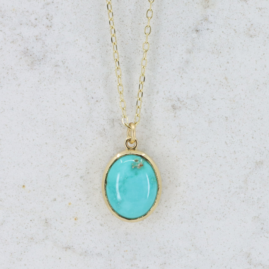 Turquoise Pendant, 10x8mm Oval in 14K Yellow Gold, 18 inch Chain