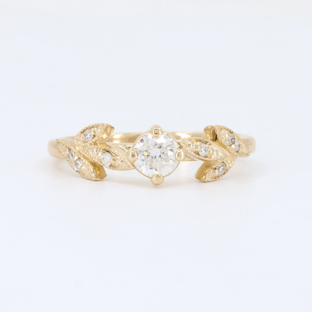 Diamond Leaf Ring, 0.27ct Center Diamond and 0.06cttw Diamond Accents in 14K Yellow Gold
