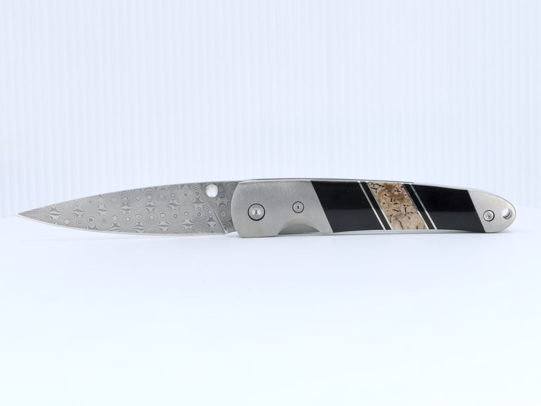 4" Linerlock Knife- Dinosaur Bone and Jet  inlay w/ Damascus Steel Blade