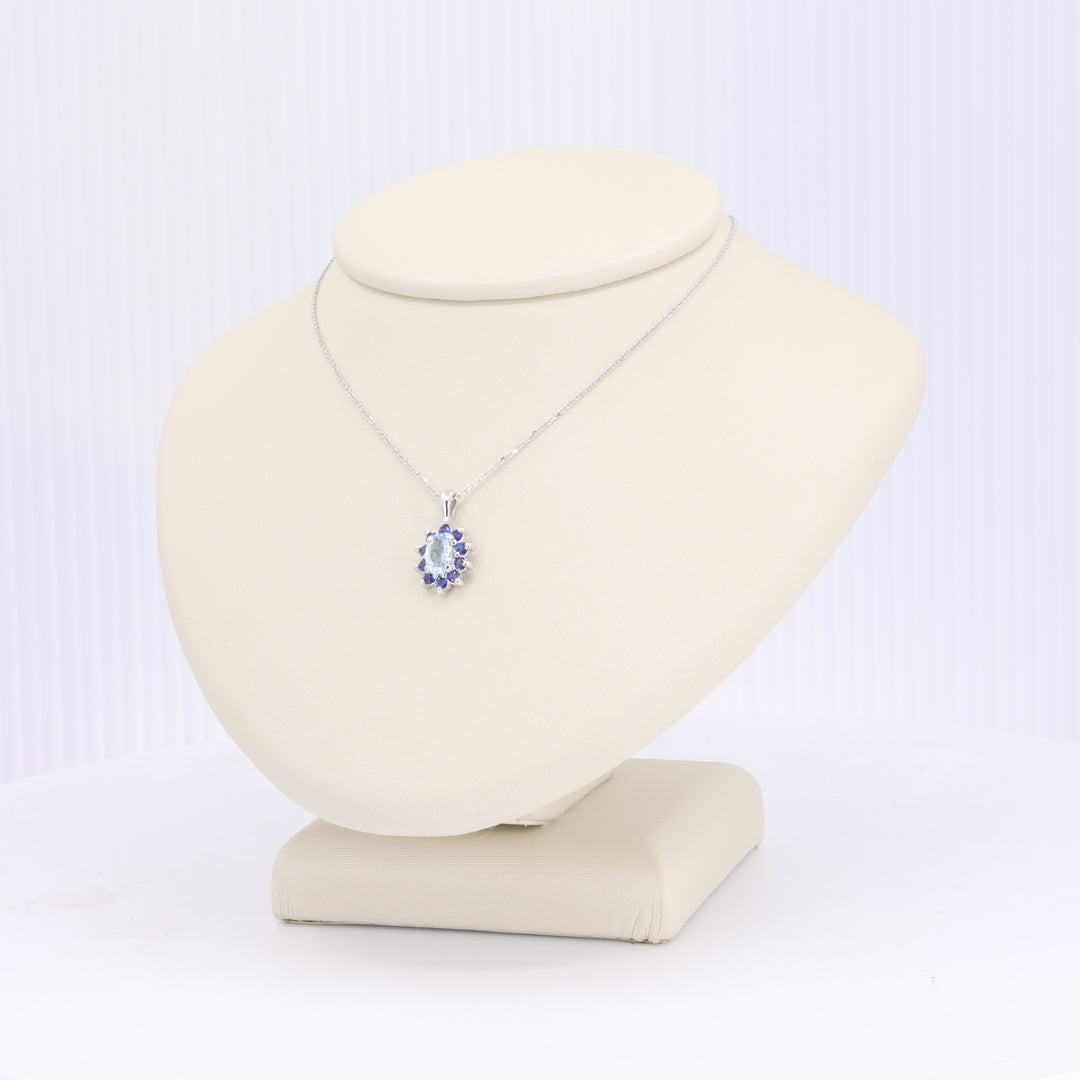 Aquamarine with Sapphire Halo Pendant in White Gold