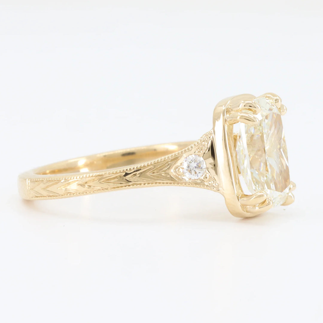 Hand Engraved Diamond Engagement Ring, 2.00ct K VS2 Elongated Cushion Cut with 0.07cttw Round Trim in 14K Yellow Gold - Kizer Cummings Jewelers