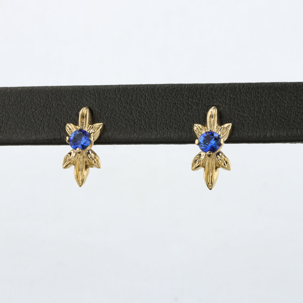 Leaf Spray Sapphire Stud Earrings in Yellow Gold