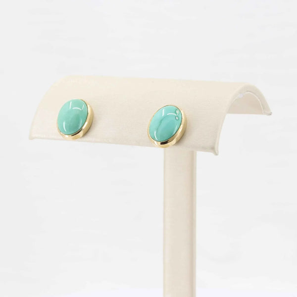 Mexican Turquoise Stud Earrings, 4.40cttw Cabochons in 14K Yellow Gold - Kizer Cummings Jewelers