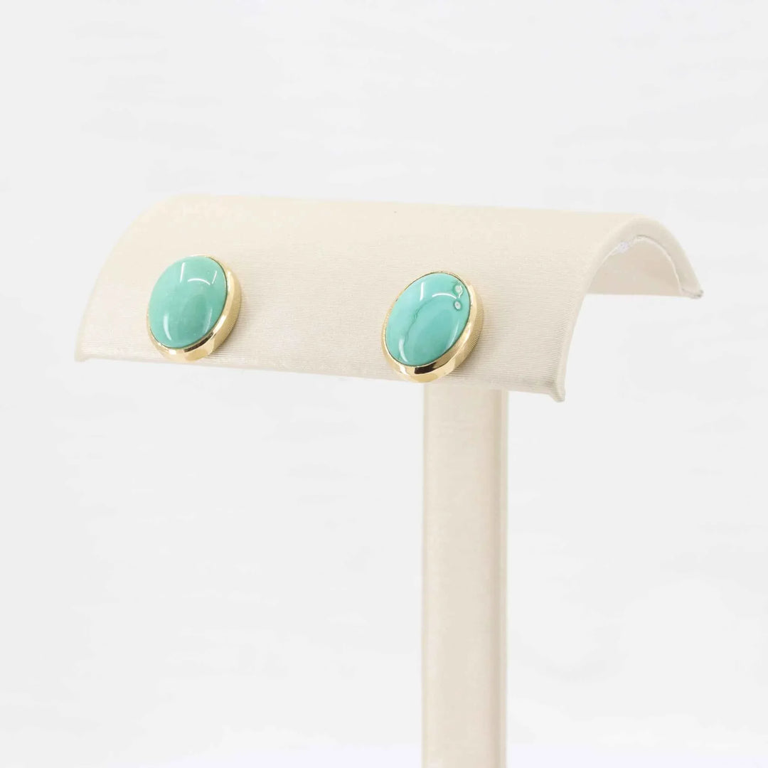 Mexican Turquoise Stud Earrings, 4.40cttw Cabochons in 14K Yellow Gold - Kizer Cummings Jewelers