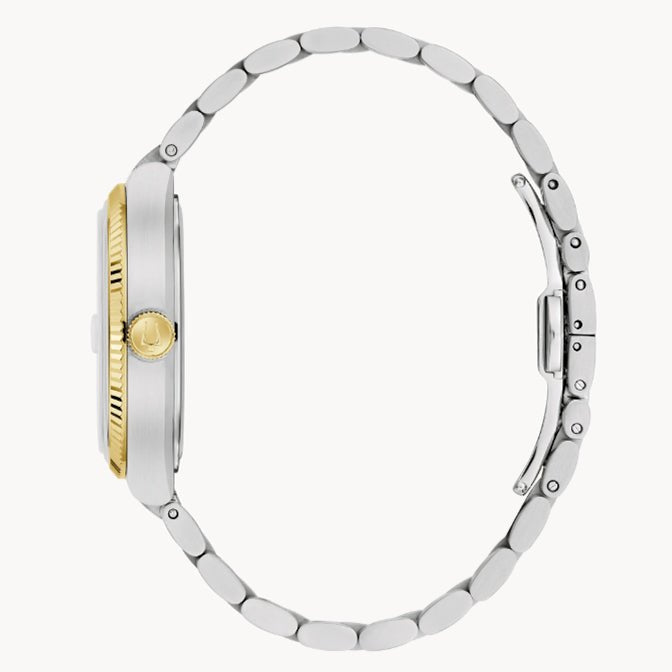 Silver metal watch with gold accents, featuring a sleek, modern design and linked band. Perfect for any occasion.