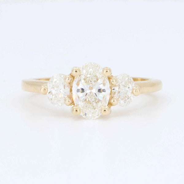 Oval Three Stone Diamond Engagement Ring, 0.81ct G SI1  Center 0.38cttw Trim in 14K Yellow Gold - Kizer Cummings Jewelers