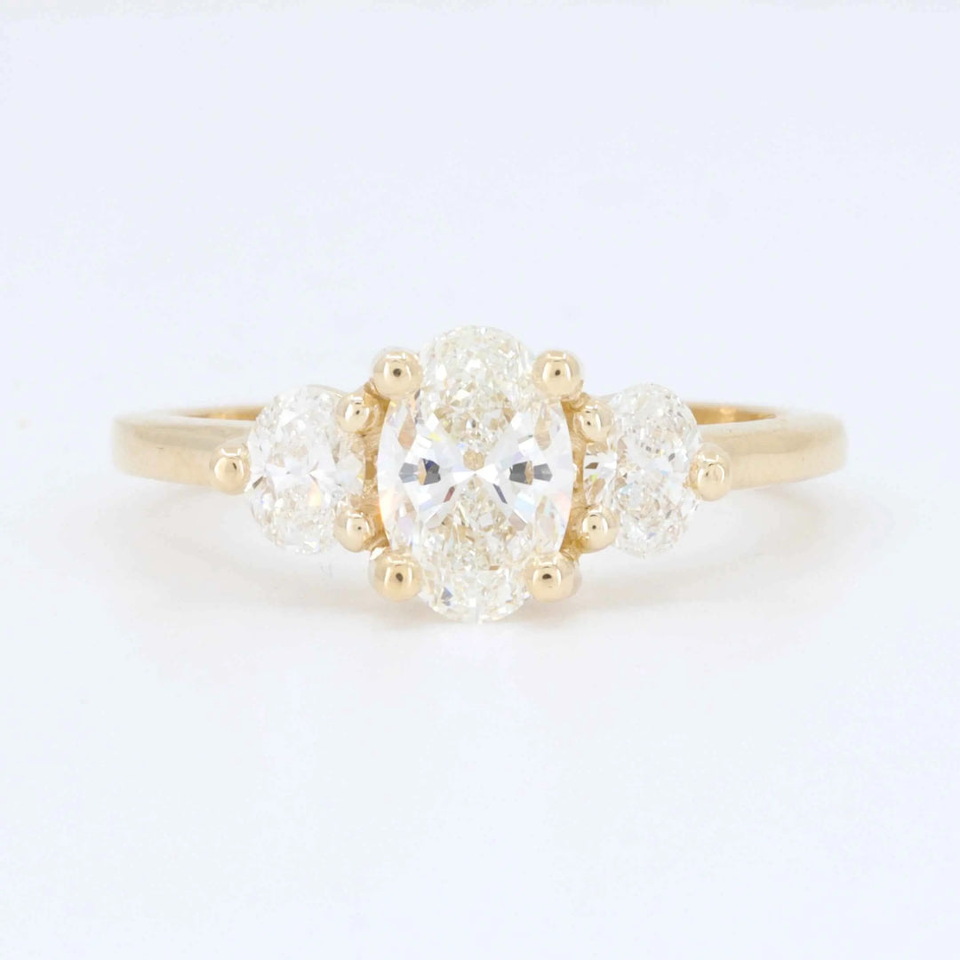 Oval Three Stone Diamond Engagement Ring, 0.81ct G SI1  Center 0.38cttw Trim in 14K Yellow Gold - Kizer Cummings Jewelers