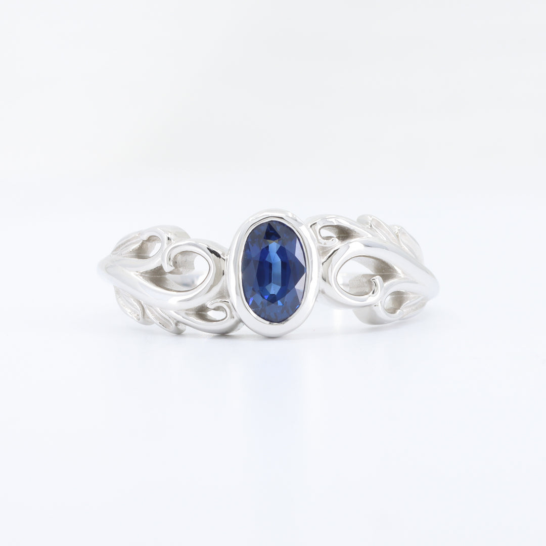 Blue Sapphire Swirl Ring, 0.73ct Oval Blue Sapphire in 14K White Gold