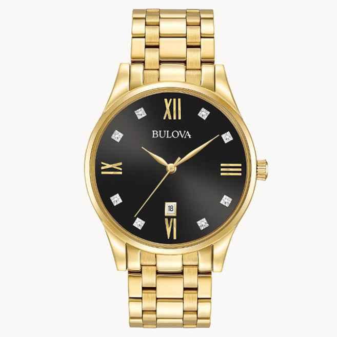Bulova Classic- Black Round Face w/ Yellow Metal Features and Band - Kizer Cummings Jewelers