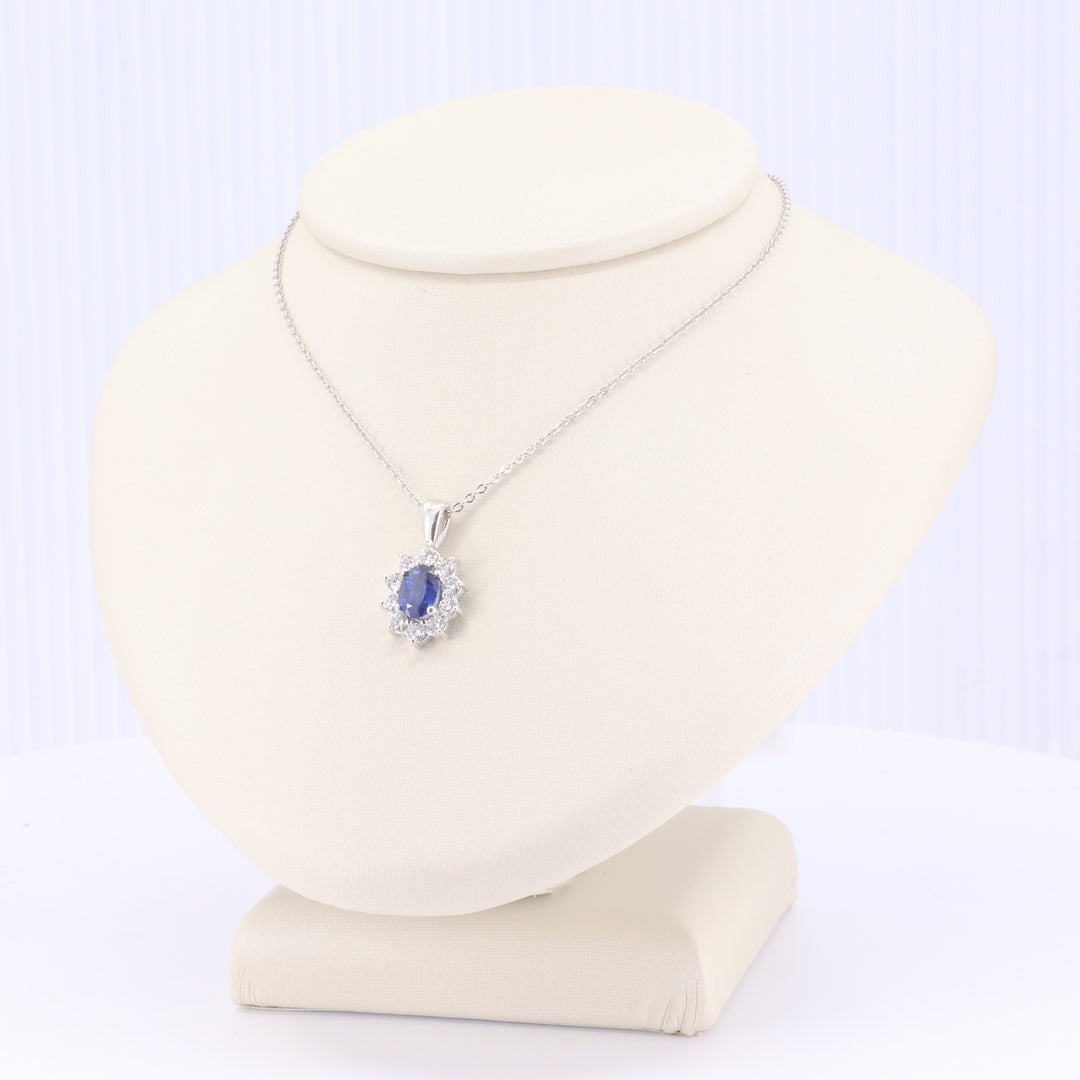 Sapphire and Diamond Halo Pendant in White Gold