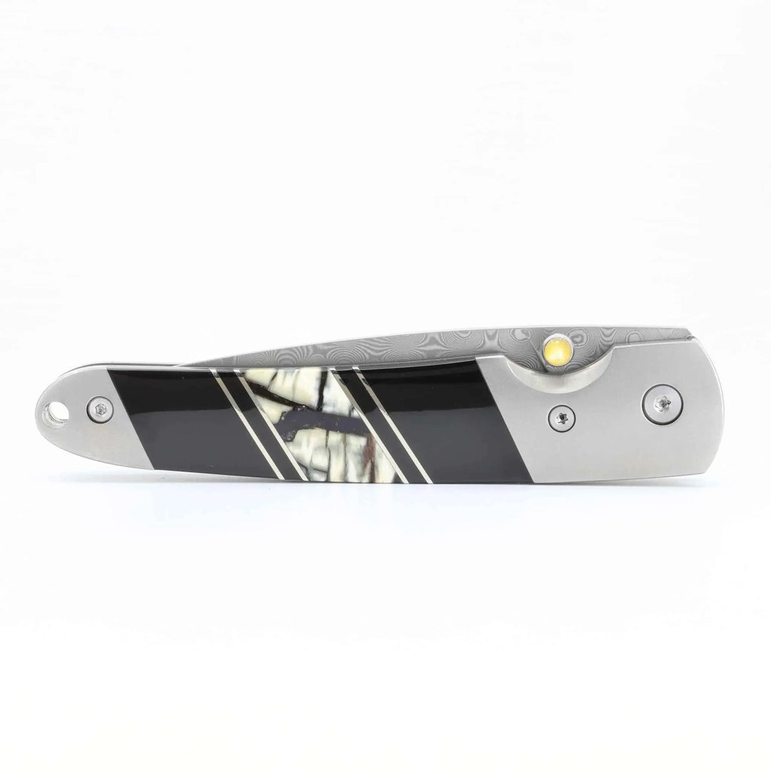 Damascus Steel Blade Liner Lock Pocket Clip Knife w/Mammoth Tusk and Jet Inlay -4" Closed - Kizer Cummings Jewelers