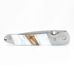 Load image into Gallery viewer, Damascus Steel Blade Liner Lock Pocket Clip Knife w/ Mother of Pearl and Mammoth Tusk Inlay -4" Closed - Kizer Cummings Jewelers
