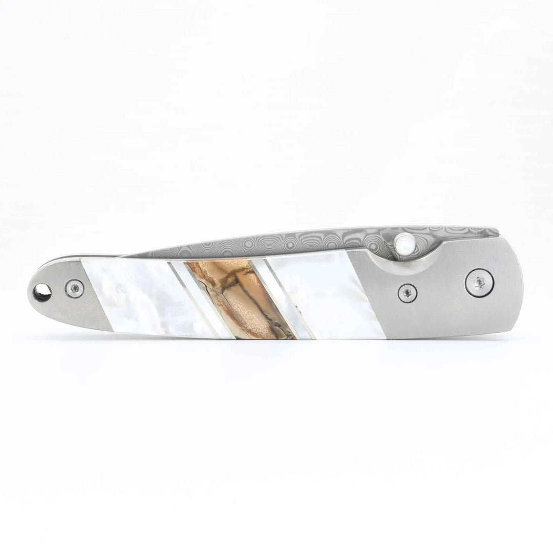 Damascus Steel Blade Liner Lock Pocket Clip Knife w/ Mother of Pearl and Mammoth Tusk Inlay -4" Closed - Kizer Cummings Jewelers