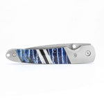 Load image into Gallery viewer, Damascus Steel Liner Lock Pocket Clip Knife w/Blue Fossilized Mammoth Tooth, Mother of Pearl and Jett Inlays -4" Closed - Kizer Cummings Jewelers