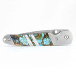 Load image into Gallery viewer, Damascus Steel Blade Liner Lock Pocket Clip Knife w/ DOUBLE SIDED Polychrome Turquoise and Mother of Pearl inlay -4" Closed - Kizer Cummings Jewelers