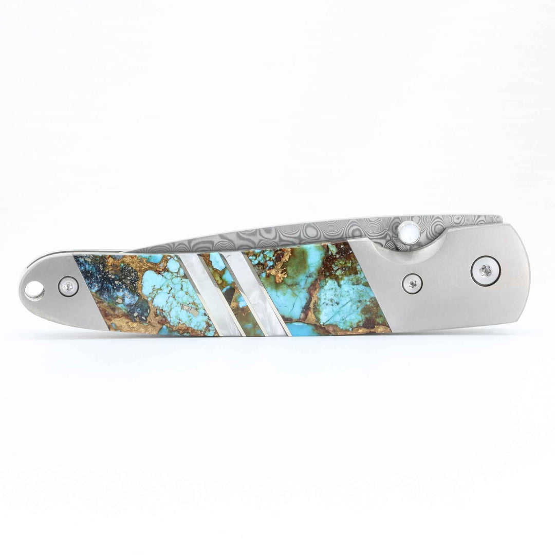 Damascus Steel Blade Liner Lock Pocket Clip Knife w/ DOUBLE SIDED Polychrome Turquoise and Mother of Pearl inlay -4" Closed - Kizer Cummings Jewelers